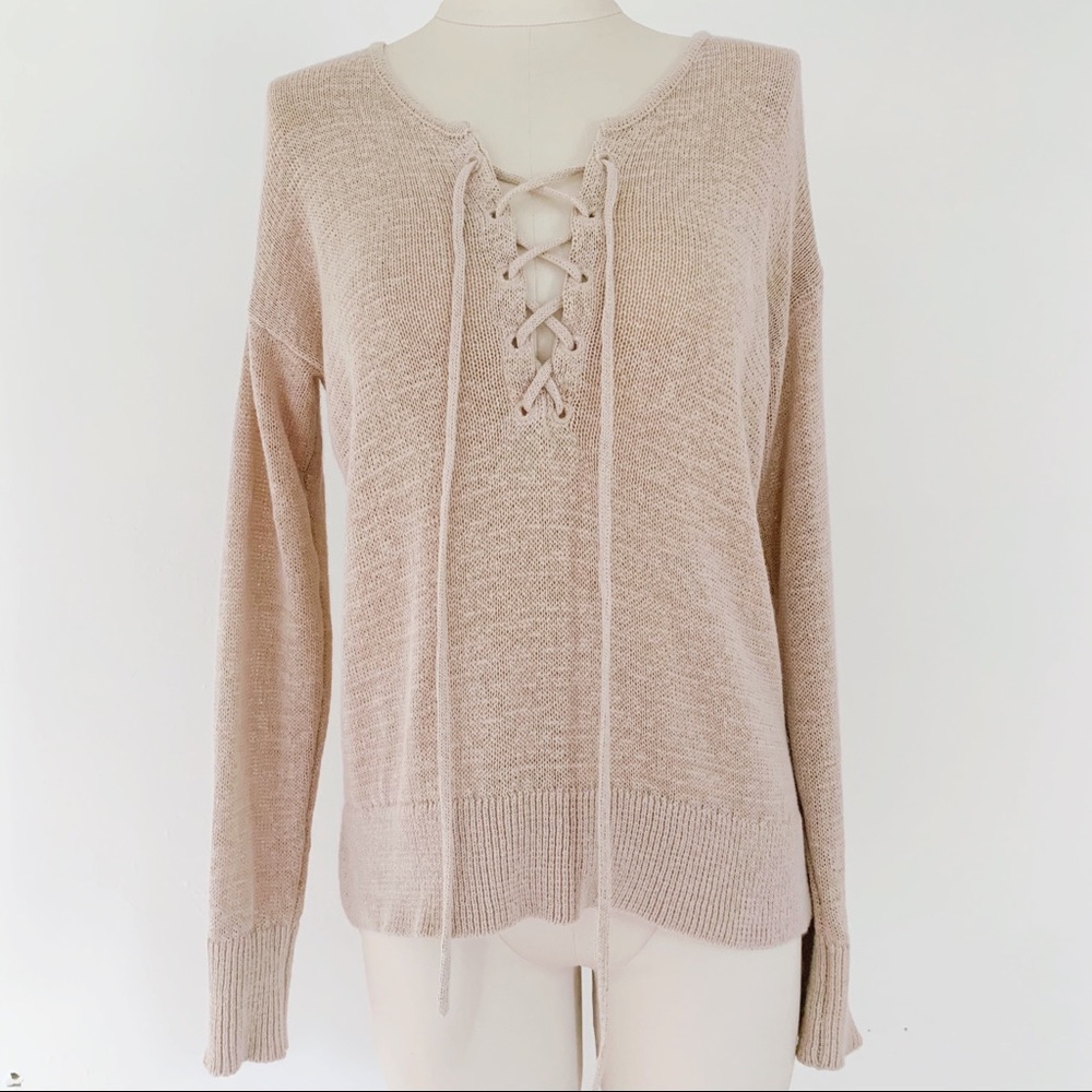 LOFT Beige Lace Up Sweater XS - Picture 2 of 7